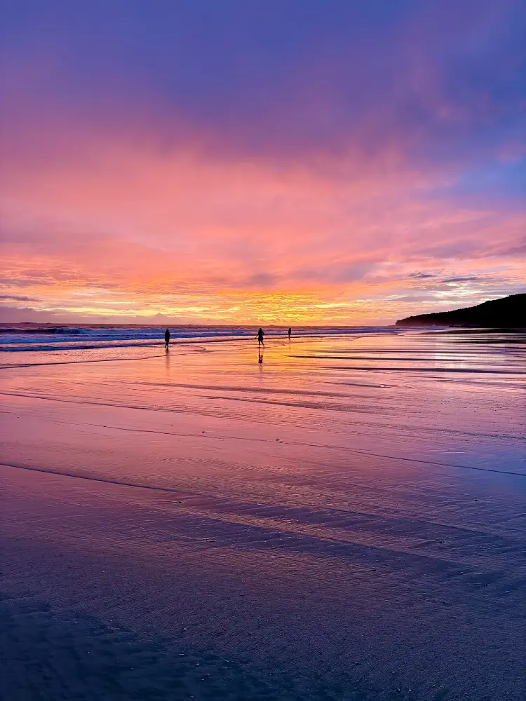 Walkers under a pink sky